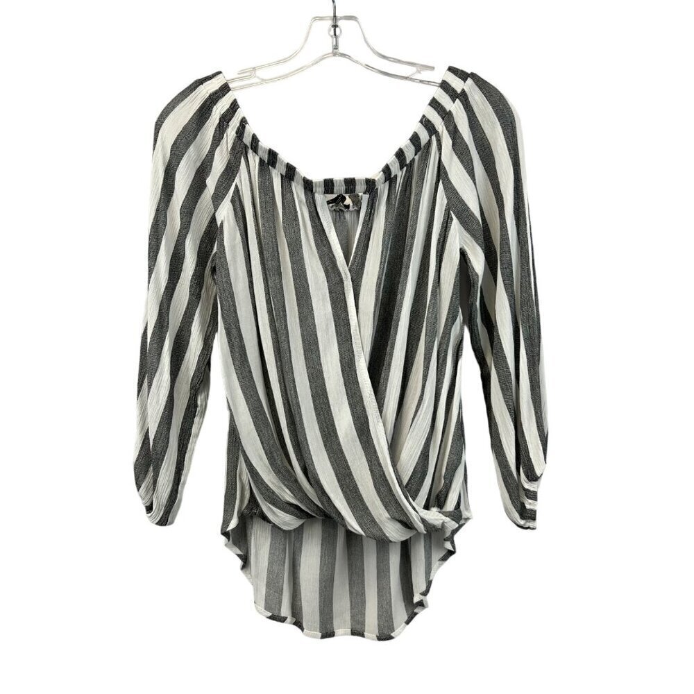 Staccato Off Shoulder Surplice Hi Low Pullover Blouse Black/White Striped Size M